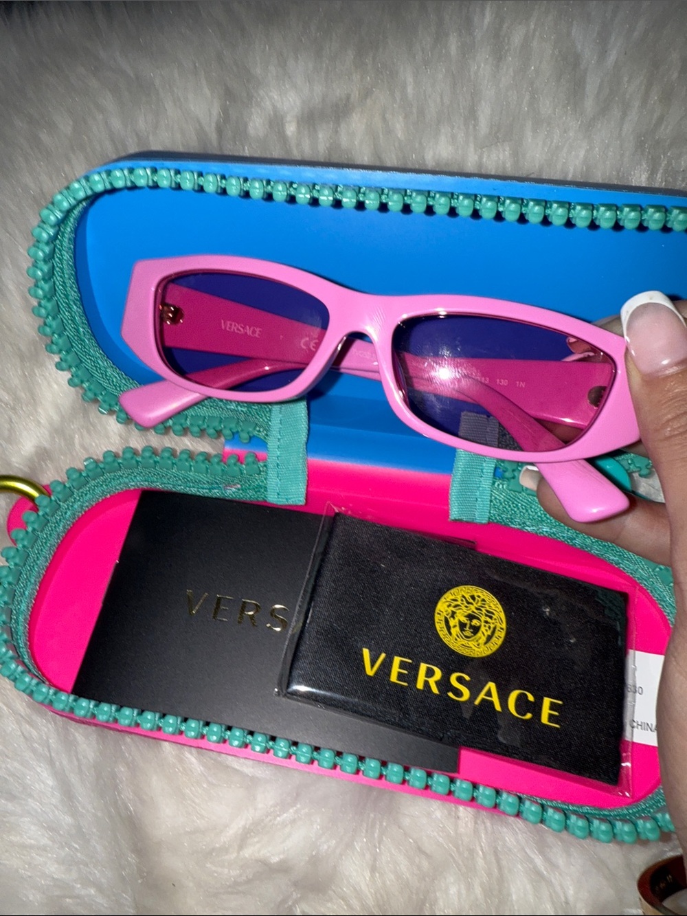 CHILDRENS Versace pink/lavender Sunglasses with yellow accent & keychain attache